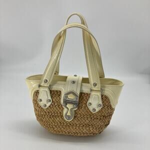 Michael Kors, brown basket weave, patten leather trim